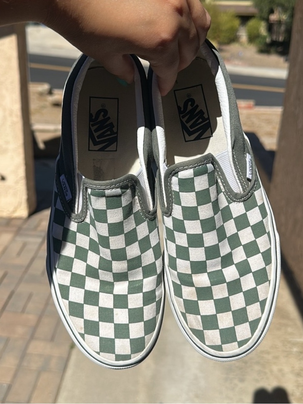Vans Green & White Checkerboard Slip-On Sneakers